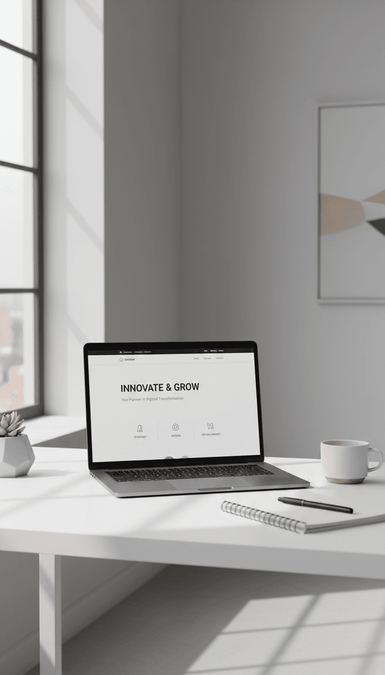 Laptop displaying a professional business website in a bright modern workspace
