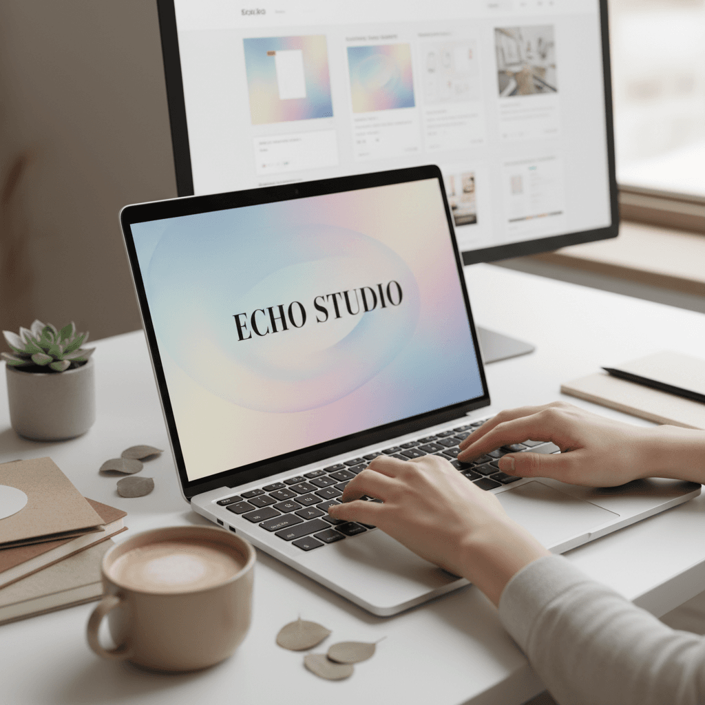 Designer working on a laptop showing a website layout
