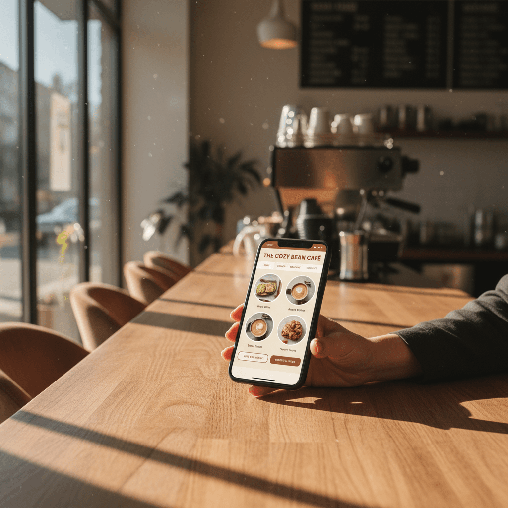 Hand holding a smartphone displaying a business website