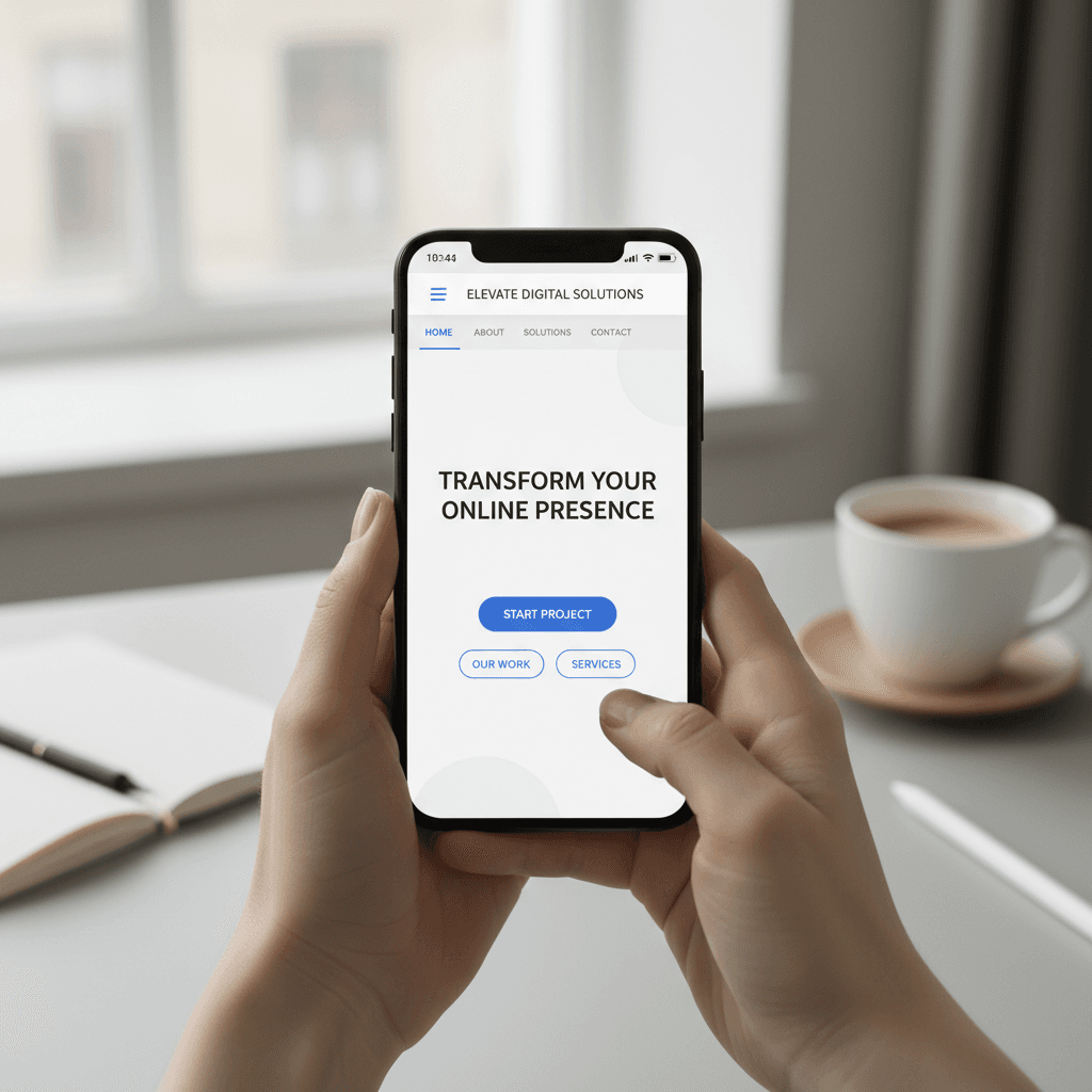 Person holding smartphone displaying a modern business website