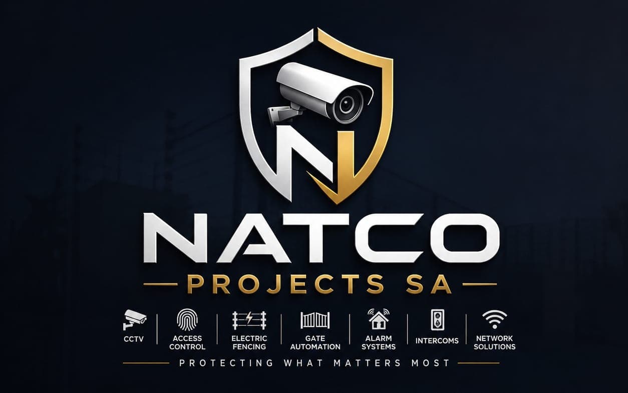NATCO PROJECTS SA logo featuring a camera shield and icons for various security services.